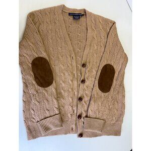 Ralph Lauren Sport Cable Knit Elbow Patch Pocket Cardigan Beige Old Money Large